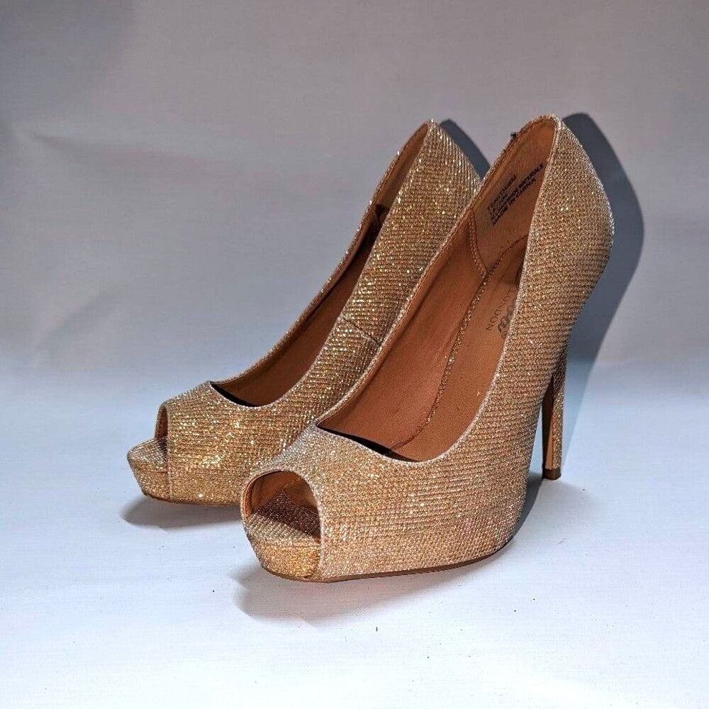Y2K Gold Glitter Party Platform‎ Peep Toe Stiletto Heels Diba London Size 7.5